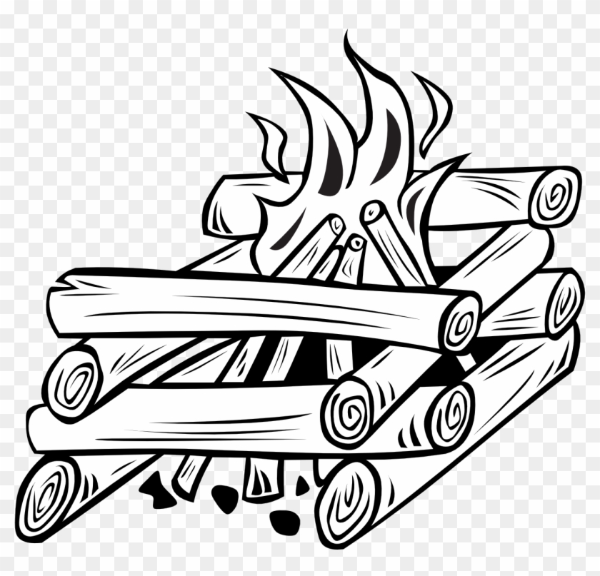 Black-and-white line drawing of a campfire with stacked logs and stylized flames.
