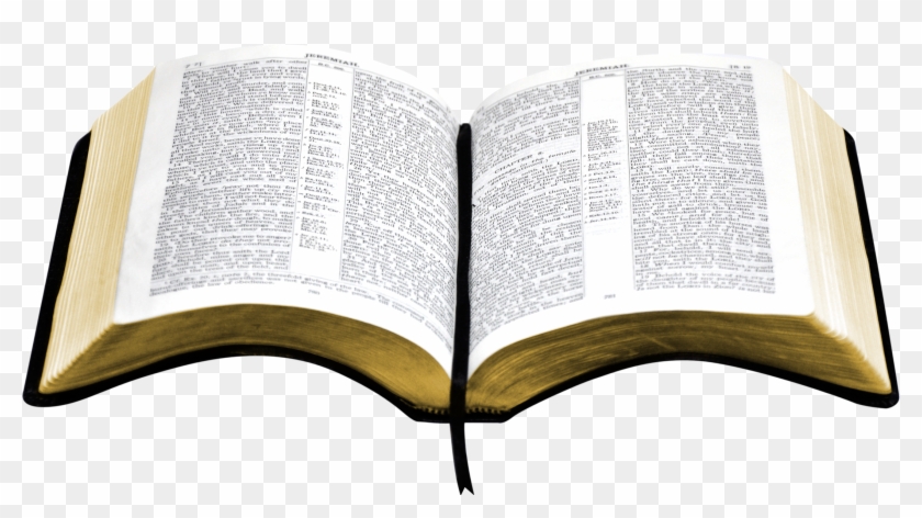 Open Bible showing the Book of Jeremiah with black ribbon bookmark on a transparent background.