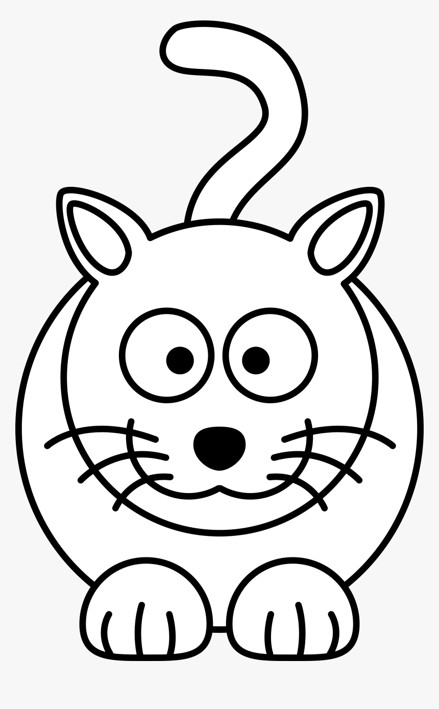 Simple black-and-white line drawing of a cartoon cat with big eyes, whiskers, and a curved tail, suitable for coloring.