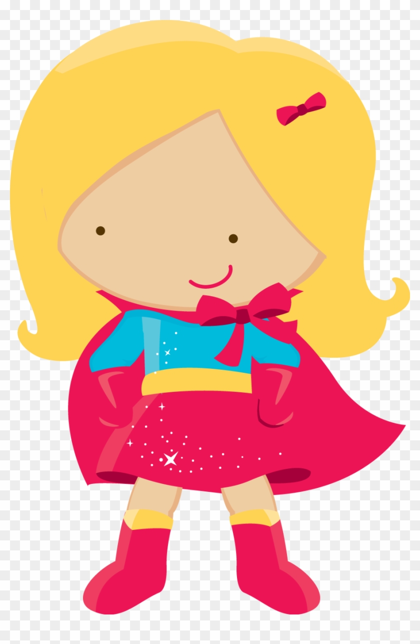 Cute cartoon girl superhero with blonde hair, red cape, blue top, and sparkly skirt smiling confidently.