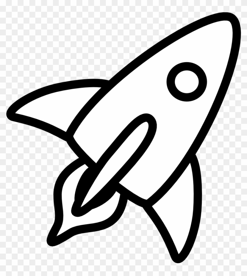 Simple black-and-white line drawing of a cartoon-style rocket ship launching upward with flame exhaust.