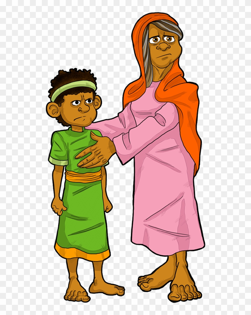 An elderly woman in pink robe and orange headscarf gently places her hand on a young boy’s chest; both look serious and concerned.