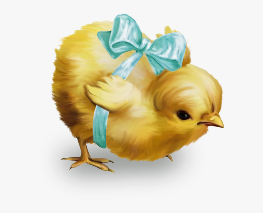 Fluffy yellow chick wearing a light blue ribbon bow, illustrated in soft painterly style.