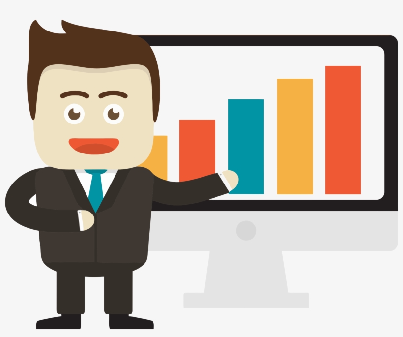 Businessman in suit pointing at colorful bar chart on computer screen.