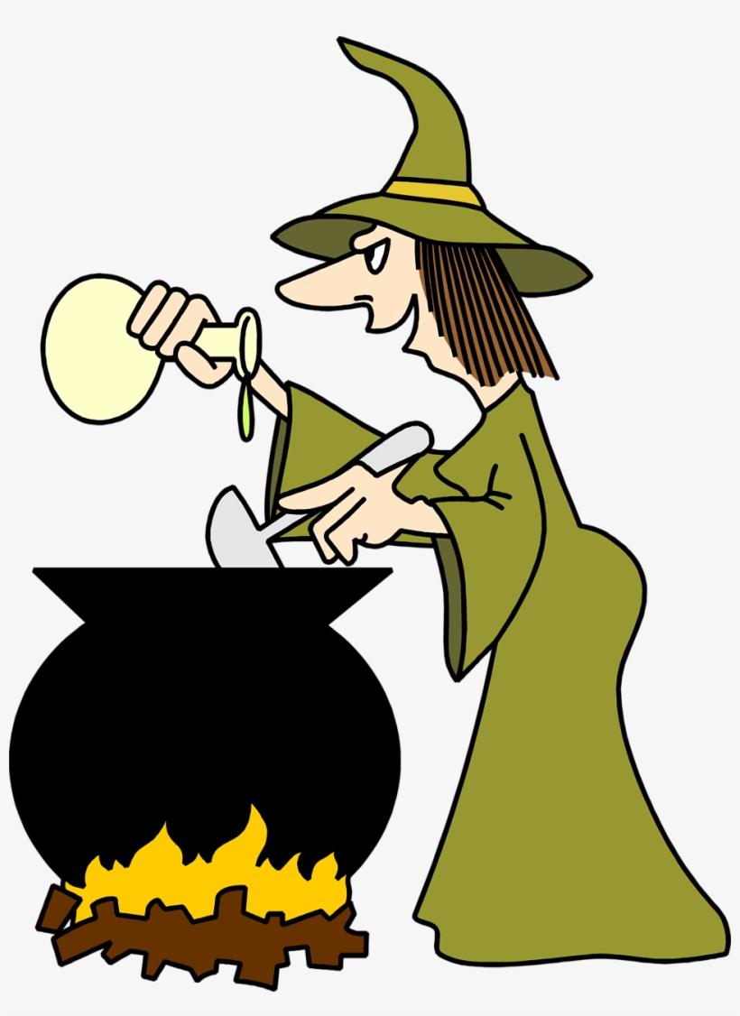 Cartoon witch in green robe and hat stirring a bubbling cauldron over fire while pouring liquid from a flask.