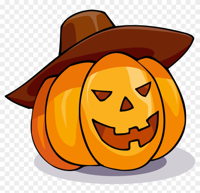 Carved Halloween pumpkin with a smiling face wearing a brown witch hat, on transparent background.