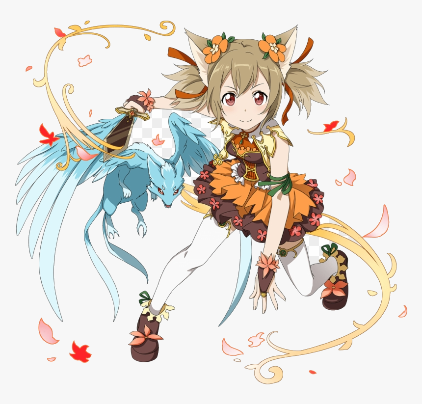 A blonde anime girl with fox ears and floral accessories poses with a blue winged creature, surrounded by swirling vines and petals.