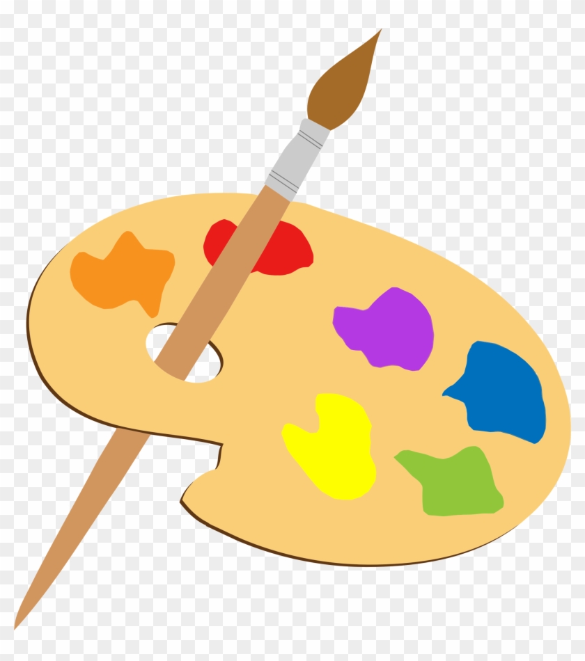 Wooden artist's palette with a paintbrush and dollops of colorful paint including red, orange, yellow, green, blue, and purple.