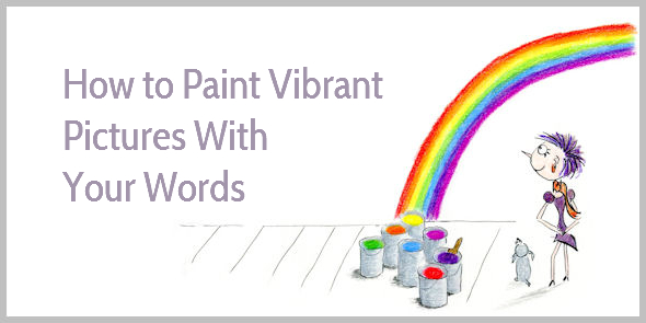 A cartoon artist paints a vibrant rainbow with words, surrounded by colorful paint cans and a small dog.