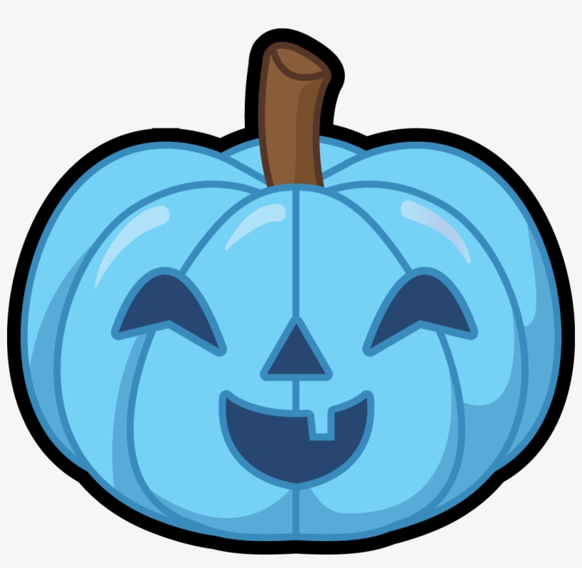A cheerful blue cartoon pumpkin with a smiling carved face and brown stem.