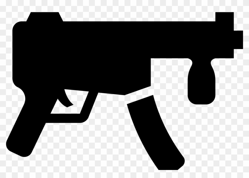 Black silhouette icon of a submachine gun with detachable magazine and forward grip, on transparent checkered background.