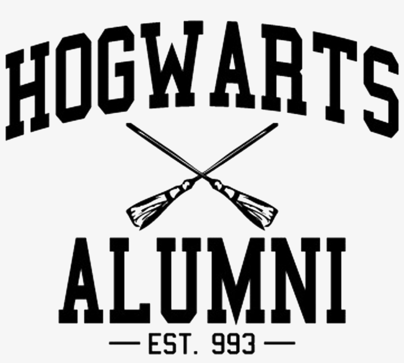 Hogwarts Alumni logo with crossed broomsticks and "EST. 993" text.