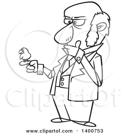 Cartoon scientist with beard and glasses examining a small bird on his finger.