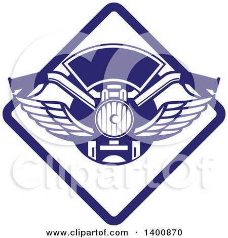 Blue diamond-shaped emblem with wings, steering wheel, and engine motif, symbolizing automotive excellence and speed.