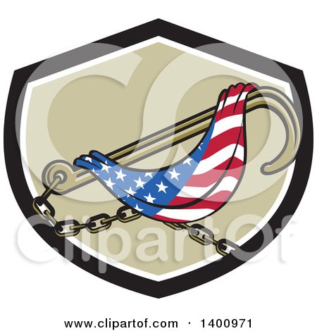 American flag-themed shofar in shield emblem with chains and scroll, symbolizing freedom and heritage.