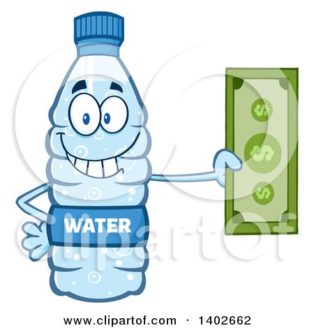 Smiling cartoon water bottle character holding a green dollar bill, promoting bottled water value or cost.