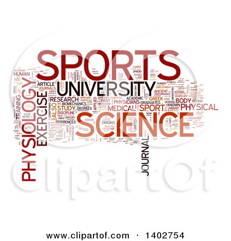 Word cloud shaped like a human head with terms like SPORTS, SCIENCE, UNIVERSITY, PHYSIOLOGY, and EXERCISE.