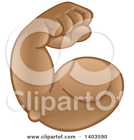 Cartoon illustration of a flexed muscular arm in a strongman pose, showing bicep and forearm definition.