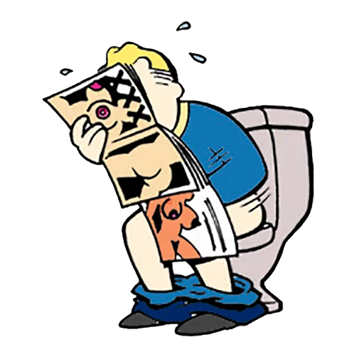 Cartoon of a man on a toilet reading a newspaper, sweating with urgency.