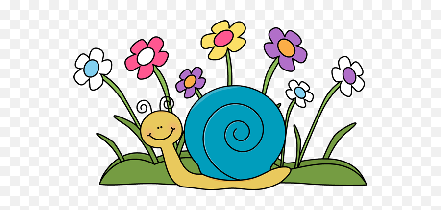 Smiling yellow snail with blue spiral shell among colorful flowers on green grass.