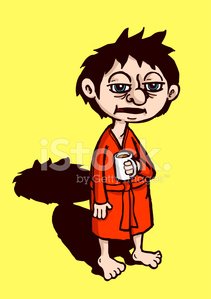 Tired cartoon man in orange robe holding coffee cup, shadow resembling a tail, yellow background.
