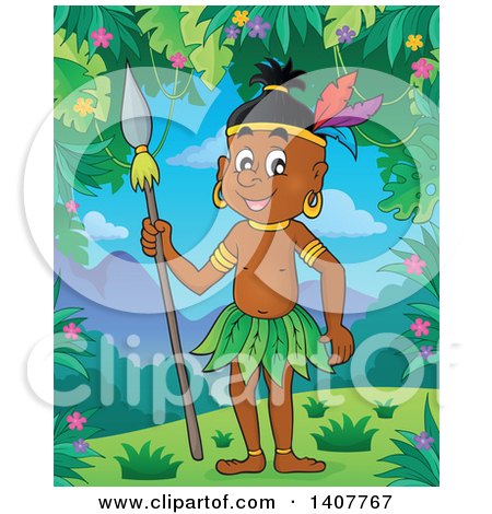 Smiling cartoon indigenous boy in leaf skirt and feather headdress holding a spear in a jungle setting.