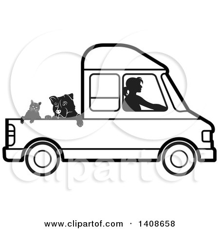 Silhouette of a woman driving a pickup truck with a dog and cat in the open bed.