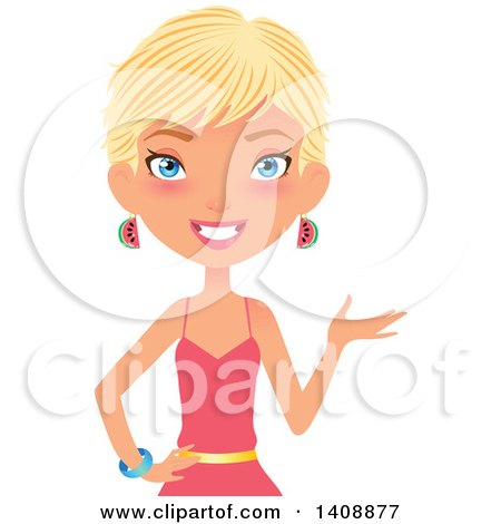 Smiling blonde woman in pink dress with watermelon earrings, gesturing welcomingly.