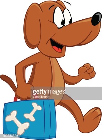 Happy cartoon brown dog running with a blue pet travel bag featuring white bone icons.