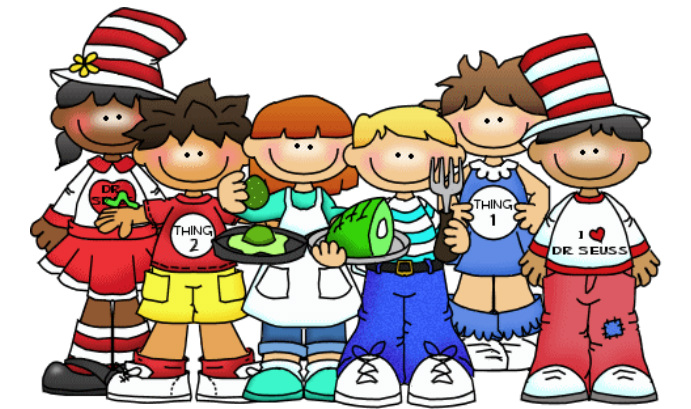 Six diverse cartoon children dressed as Dr. Seuss characters, holding food items and wearing themed outfits including Thing 1 and Thing 2 shirts.