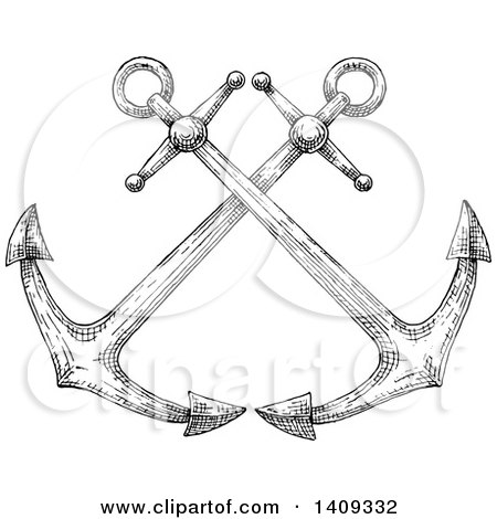 Two crossed nautical anchors in detailed black-and-white line art, evoking maritime tradition and strength.