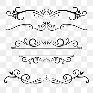 Five elegant black-and-white ornamental dividers with floral and scroll motifs on transparent background.