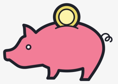 Pink piggy bank with a gold coin inserted into its slot, symbolizing saving money.