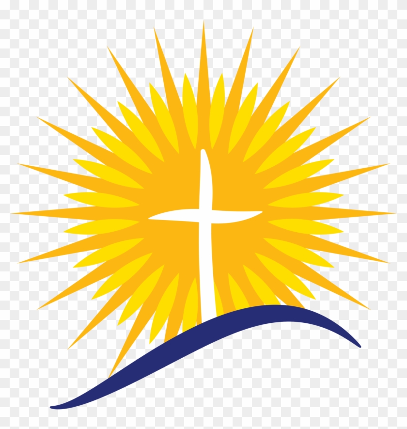 White Christian cross centered in a radiant yellow sunburst with a blue wave below, symbolizing hope and faith.