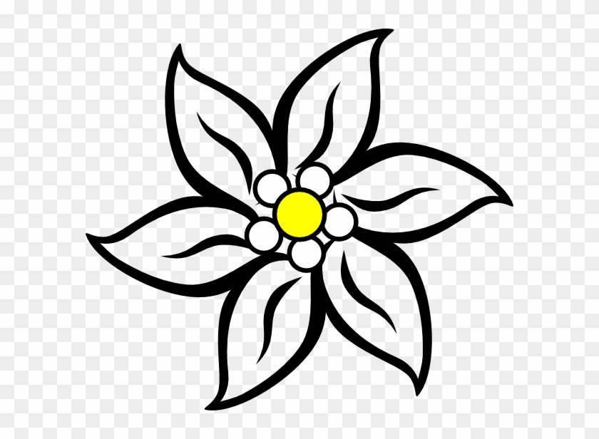 Stylized black-and-white flower with six petals, yellow center, and white stamen dots on transparent background.