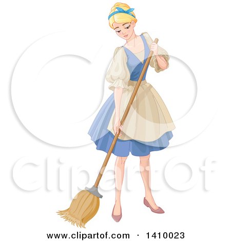 A blonde woman in a blue dress and apron holding a broom, styled like Cinderella doing chores.