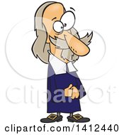 Cartoon illustration of a wise, elderly scholar with long gray hair, beard, and glasses, wearing a blue robe and holding a book.