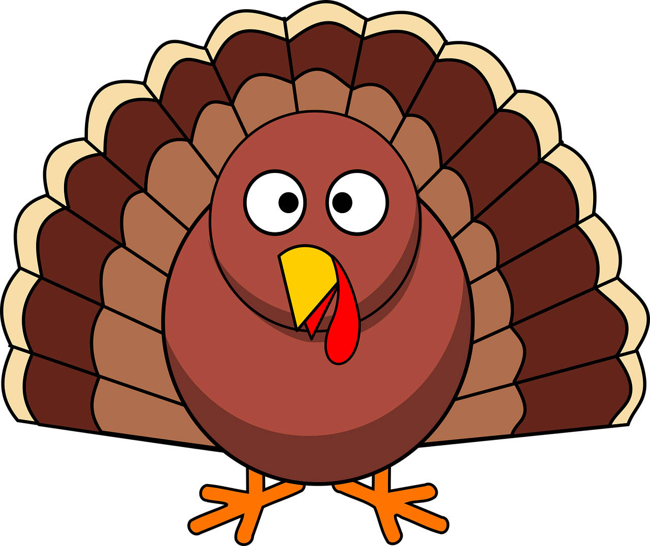 Cartoon turkey with fanned tail feathers, large eyes, yellow beak, red wattle, and orange feet.