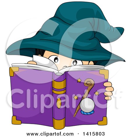 A young wizard in a teal hat reads a purple spellbook with stars and a crystal ball on the cover.