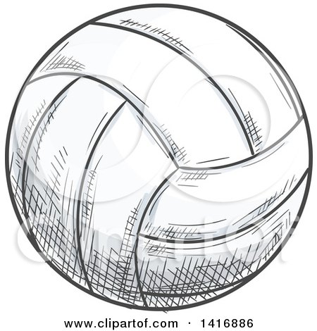 Hand-drawn sketch of a volleyball with detailed panel lines and shading, rendered in black and white ink style.