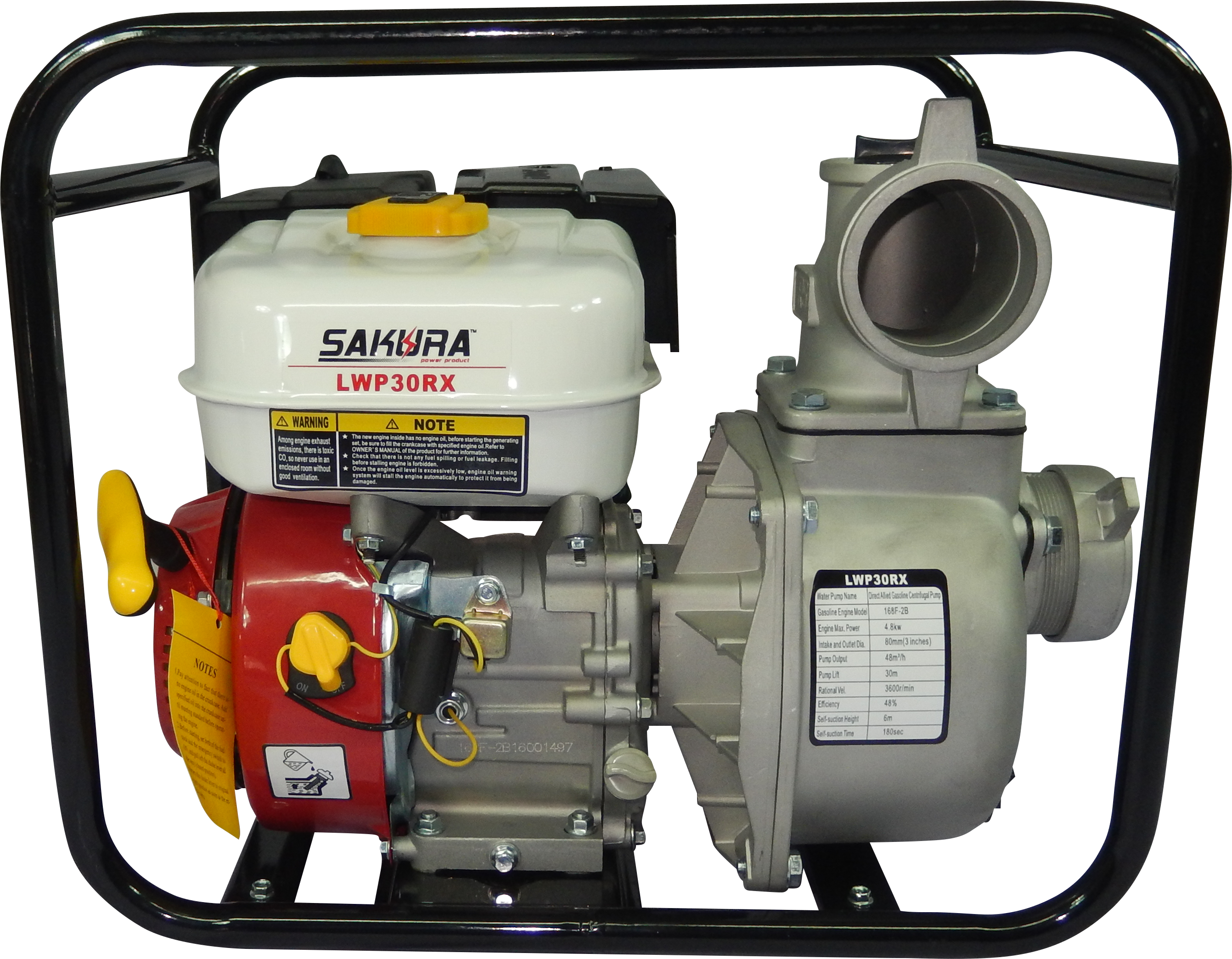 Sakura LWP30RX 4.8kW gasoline-powered centrifugal water pump with 3-inch intake/outlet and 30m lift capacity.