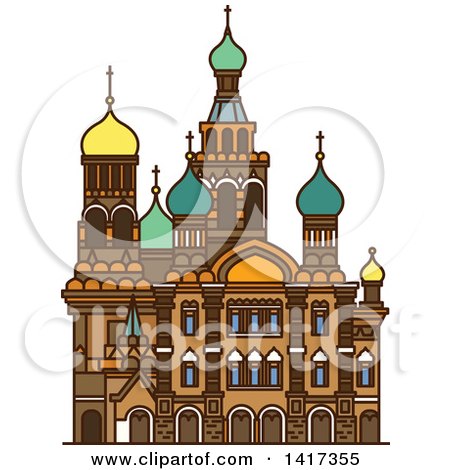 Stylized illustration of a Russian Orthodox church with colorful onion domes and ornate architecture.