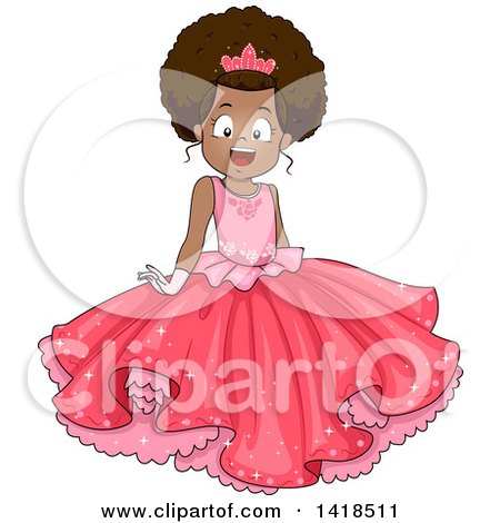 Smiling Black girl in a pink princess gown with tiara and gloves, cartoon style.