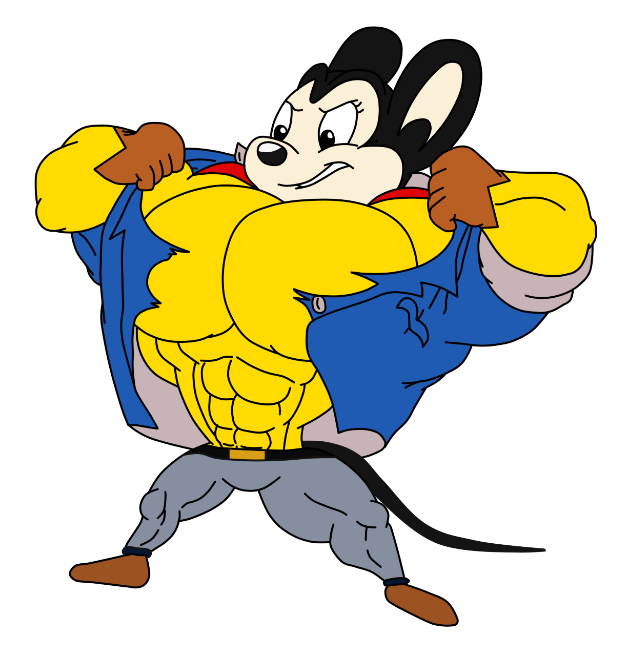 Muscular cartoon mouse tearing open his shirt to reveal a superhero-style yellow chest and abs, in classic animated style.