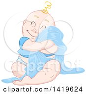 Smiling baby in blue diaper and towel, hugging knees with golden curl on head, sitting on white background.