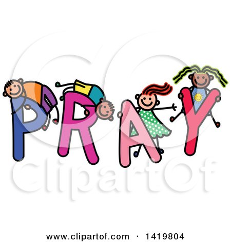 Children illustrated as letters spelling "PRAY", each with unique clothing and joyful expressions.