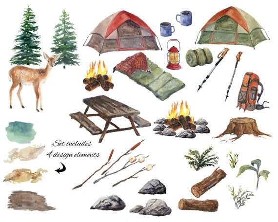 Watercolor illustration of camping gear including tents, campfire, deer, trees, backpack, lantern, and picnic table.
