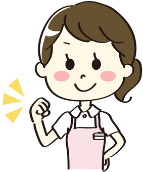 Smiling female caregiver in pink apron raising fist with cheerful expression and sparkles.