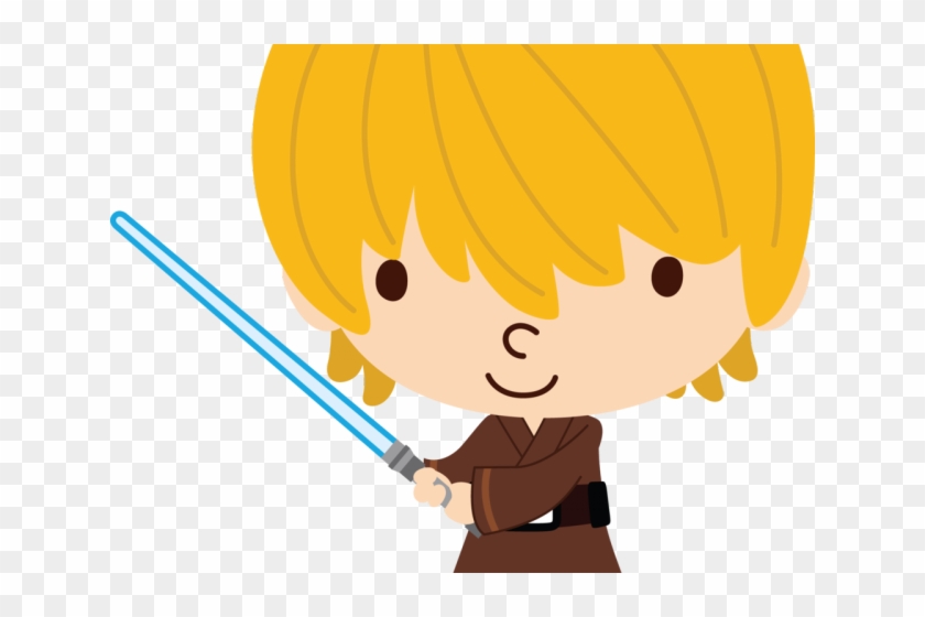 Chibi-style cartoon Luke Skywalker holding a blue lightsaber, smiling, in brown Jedi robes.