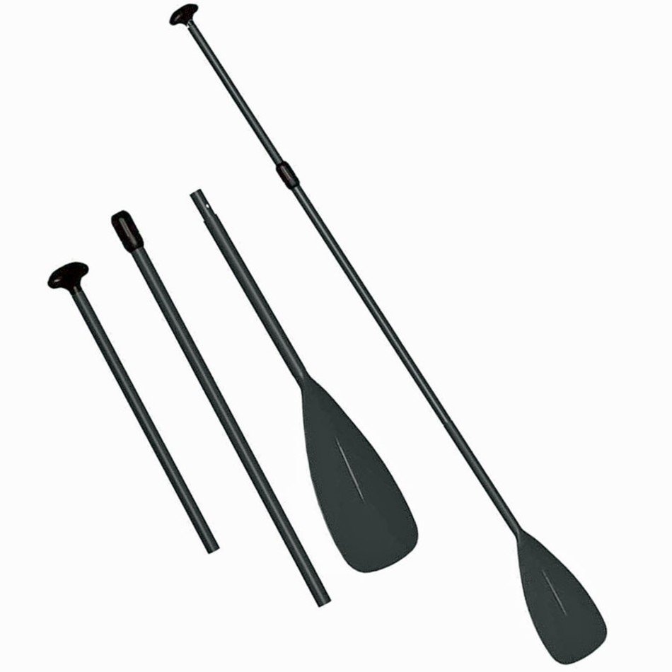 Disassembled and assembled black adjustable paddles with T-grips and teardrop blades on white background.